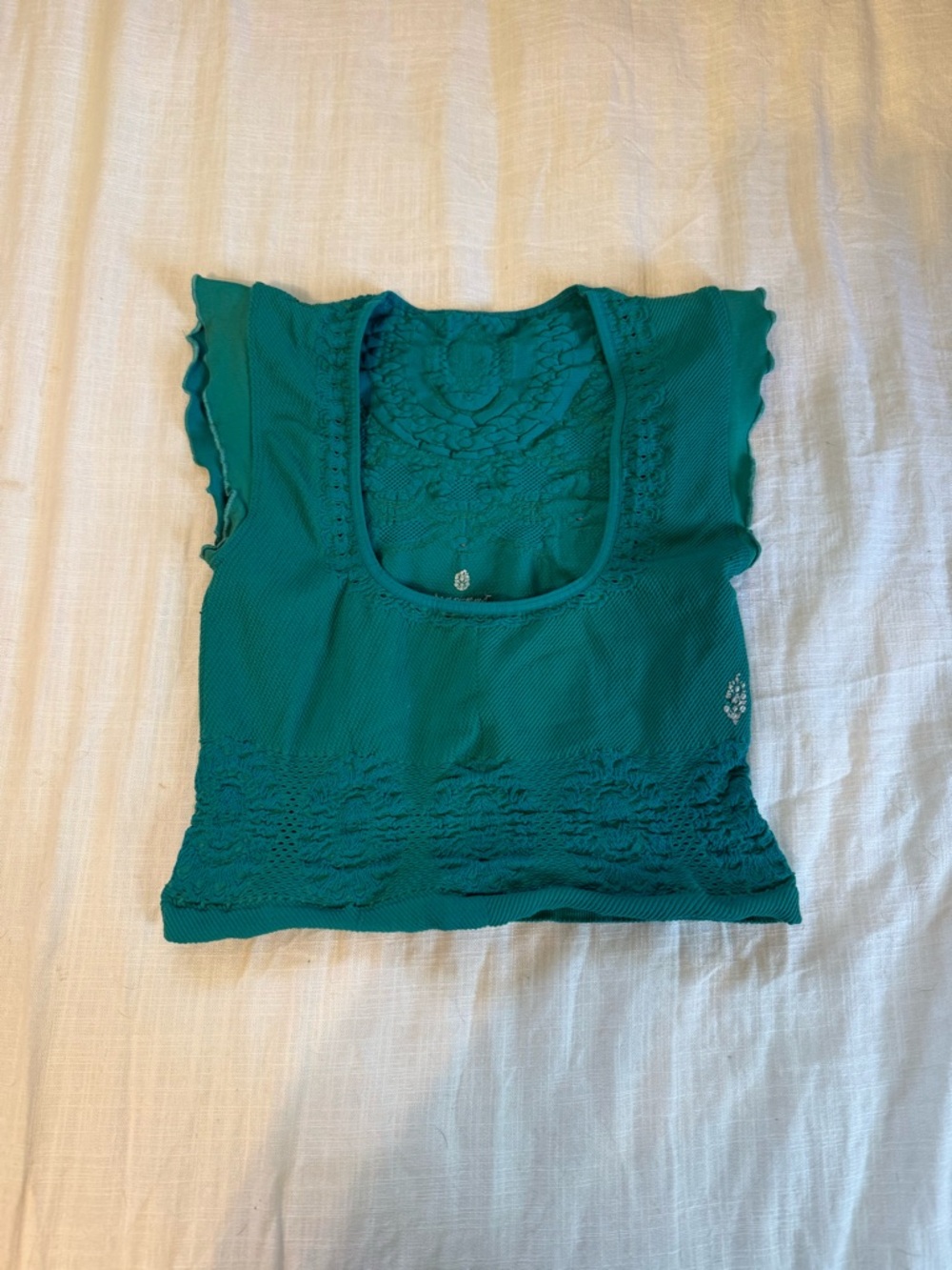 Free People Teal Knit Crochet Scoop Neck Crop Top